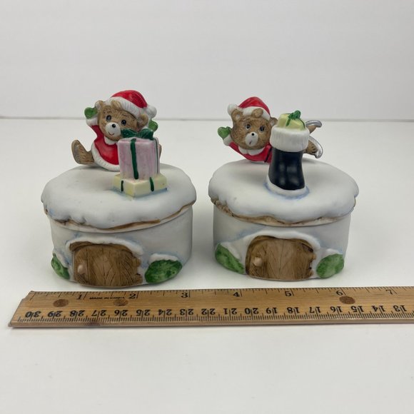 Vtg 2 Homco Christmas Holiday Teddy Bears Trinket Box Round Porcelain w Lid Deco - Picture 4 of 11